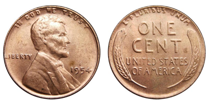 1954 wheat penny grading strip showing four condition tiers: worn (G), circulated (VF), uncirculated (MS63), and gem MS67 Red
