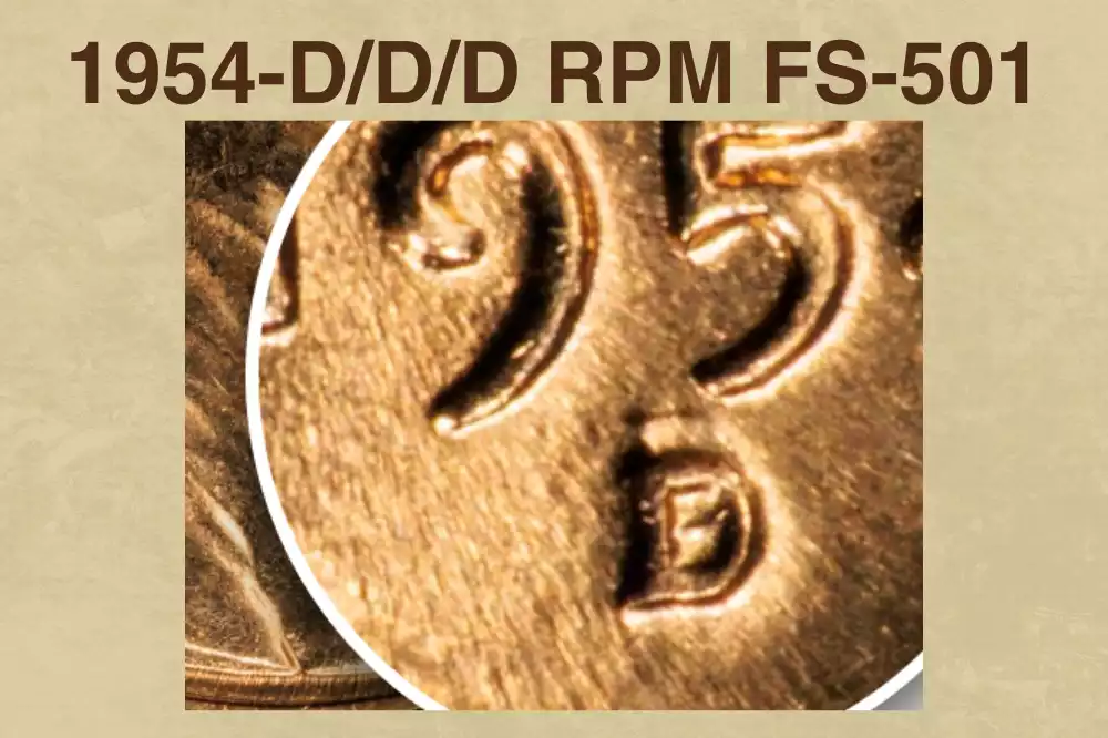 1954-D triple repunched mint mark FS-501 close-up showing three overlapping D impressions on the coin field