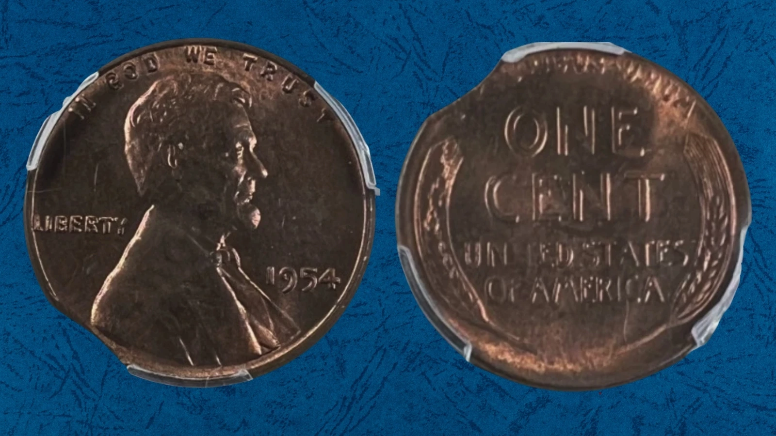 1954 wheat penny clipped planchet error showing curved missing section cut from the coin edge
