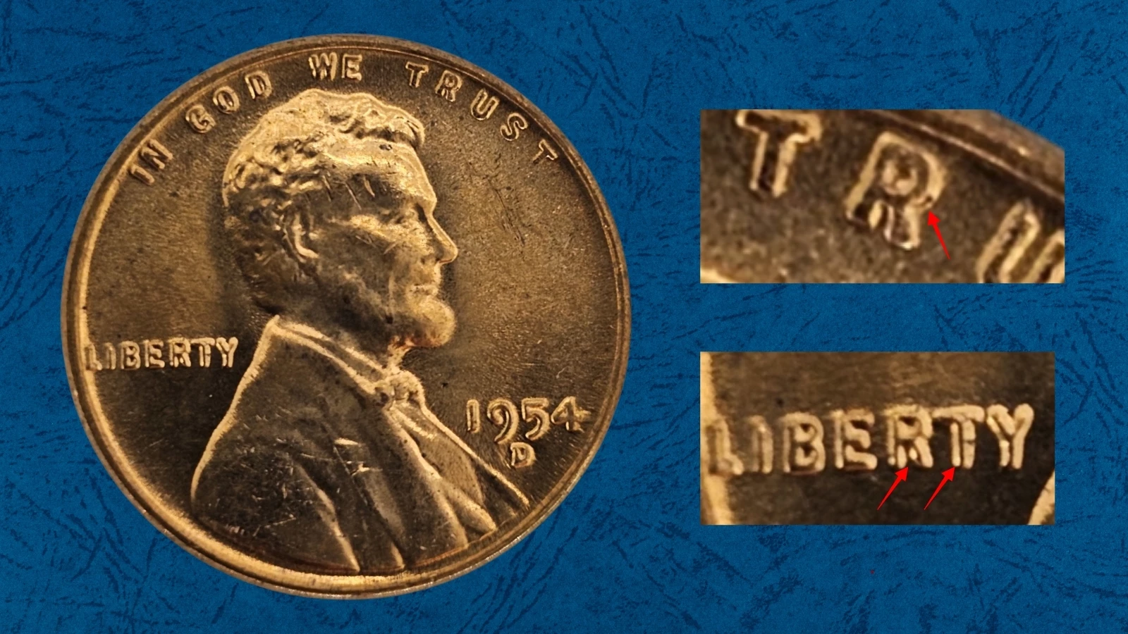 1954 wheat penny minor doubled die obverse (DDO) showing subtle doubling on the date and LIBERTY inscription