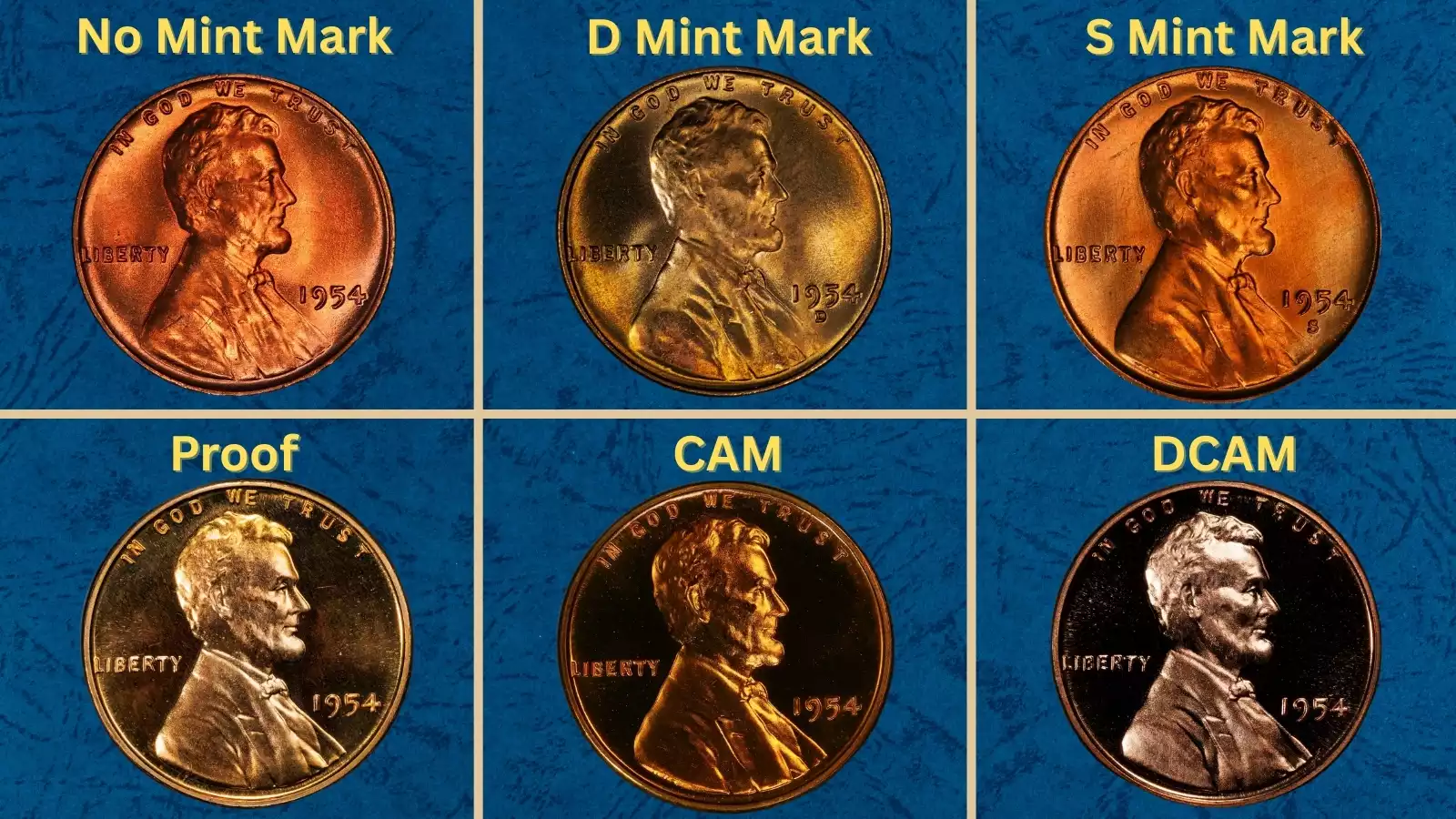 Group shot of 1954 wheat pennies from all three mints — Philadelphia (no mark), Denver (D), and San Francisco (S) — side by side